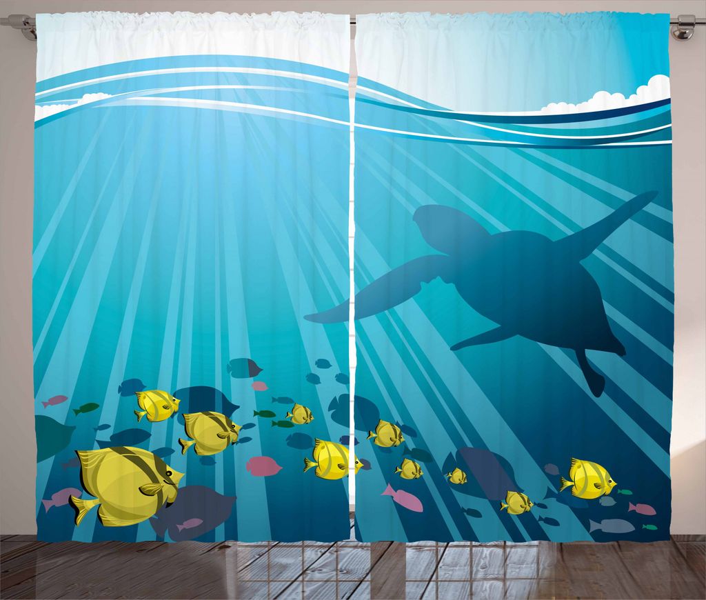 ABAKUHAUS Schildkröte Rustikaler Gardine, Fische im Ozean Wellig, Schlafzimmer Kräuselband Vorhang mit Schlaufen und Haken, 280 x 245 cm, Mehrfarbig