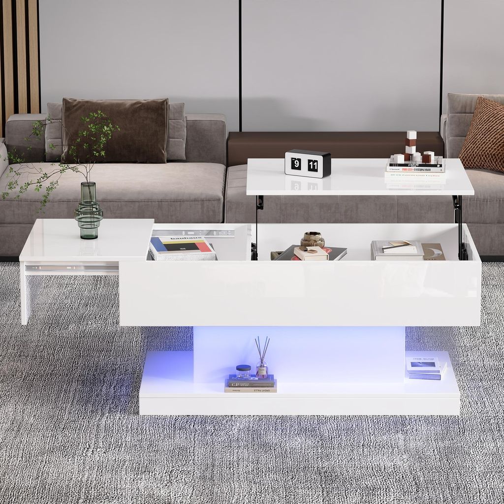OKWISH Table Basse Relevable avec LED et Rangement, Design Image du produit 