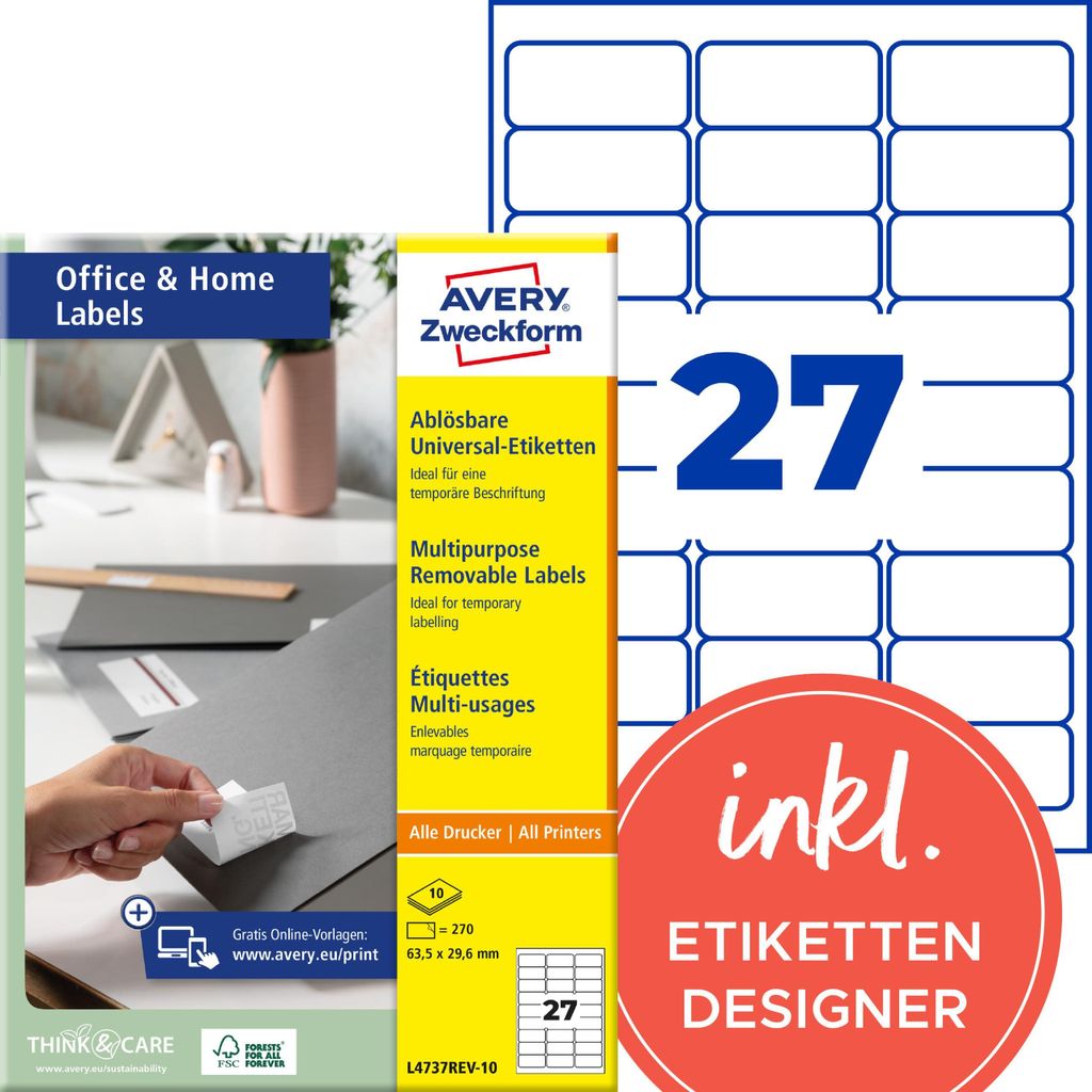 Avery Zweckform L4737REV-10 Universal-Etiketten, 63,5 x Produktbild 