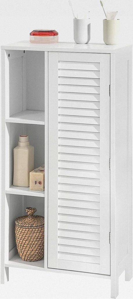 Badezimmerschrank Hochschrank – schmaler Badschrank mit Lamellentür, Kommode für kleines Bäder, feuchtigkeitsbeständiges Badmöbel aus Holz, ...