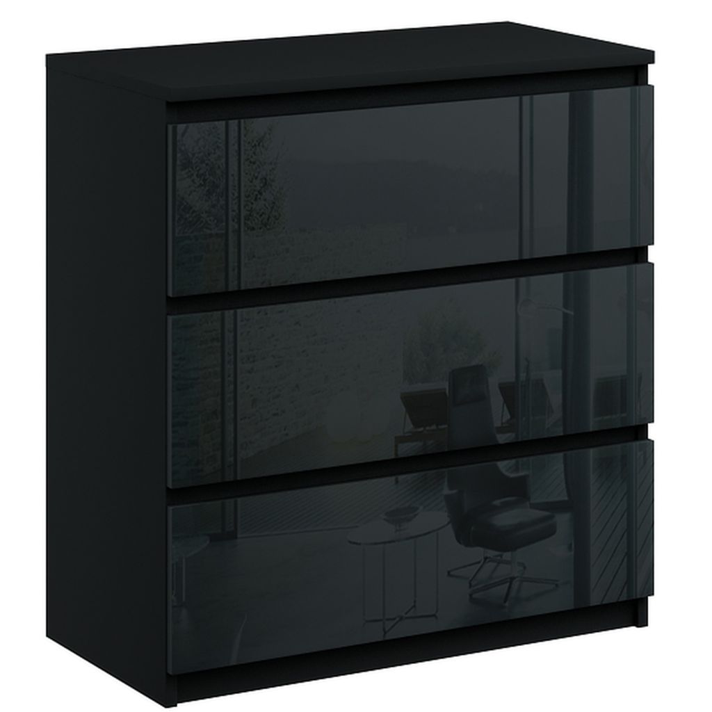 A black chest of drawers with three drawers, each with a glossy black front.