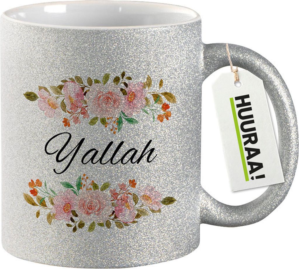 Huuraa Glitzertasse Yallah arabisch Blumen 330ml Silber Keramik Kaffeebecher Geschenkidee