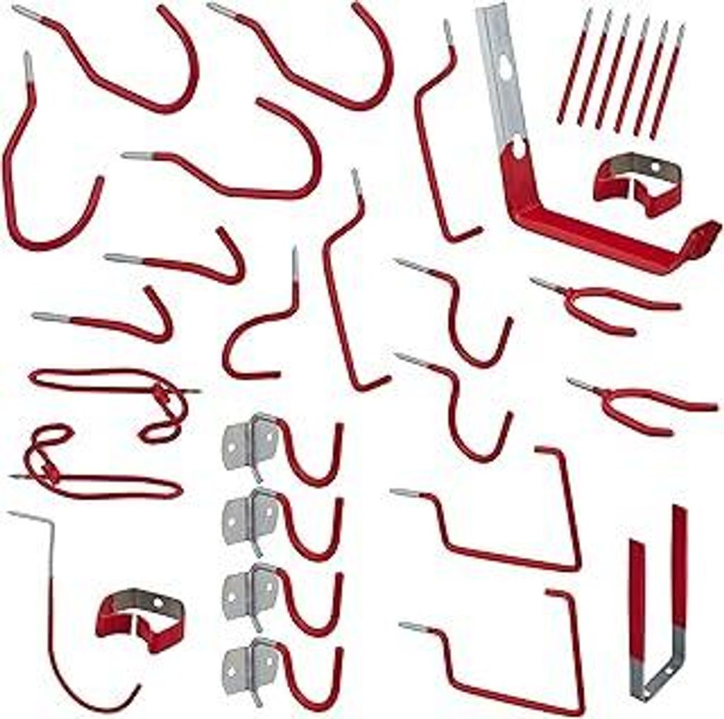 Wandhaken 32-teiliges Set, Werkzeug Wandhalterung Garage, Stahl, gummiert, Garten Gerätehalter Werkstatt, rot