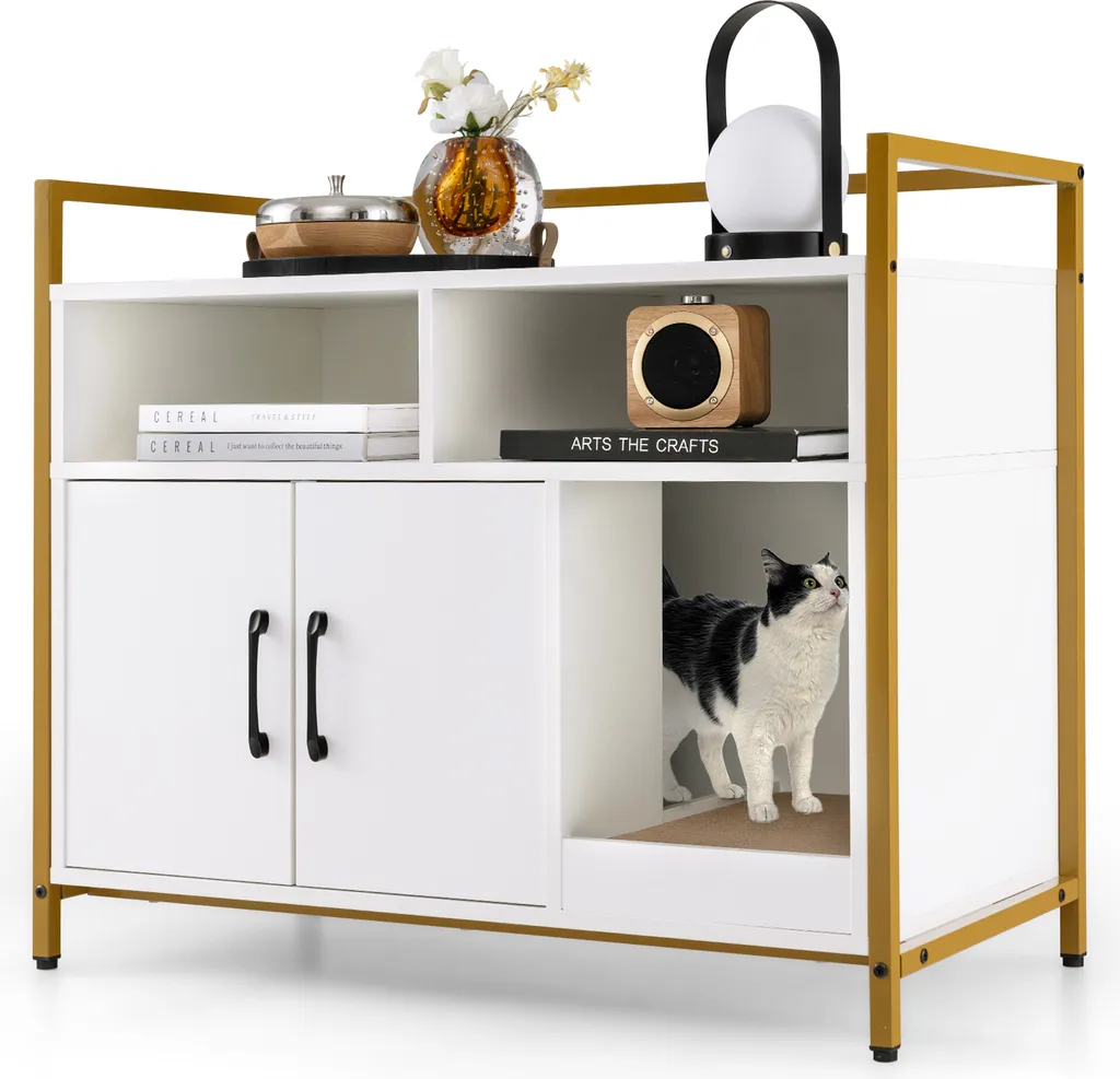 Casetta Gatti COSTWAY 2 Ante: Mobile Lettiera e Tiragraffi 2-in-1