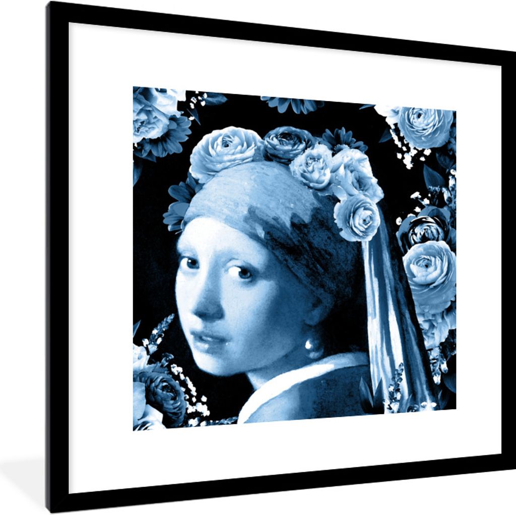 MuchoWow Gerahmtes Poster Mädchen mit einem Perlenohrring - Rosen - Blau 40x40 cm - Poster mit Schwarzem Bilderrahmen Wandposter Rahmen Foto Bil...