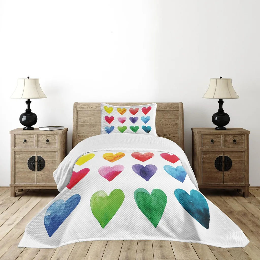 Set copriletto ABAKUHAUS Valentine, illustrazione romantica e graziosa con cuori color arcobaleno disegnati a mano con tecnica acquerello, 170 x 220 cm, multicolore