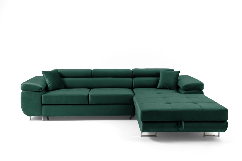 Ecksofa ALONZO Metallfüße, Liegefläche 125x195, verstellbare Kopfstützen, Bettzeugbehälter, Grün