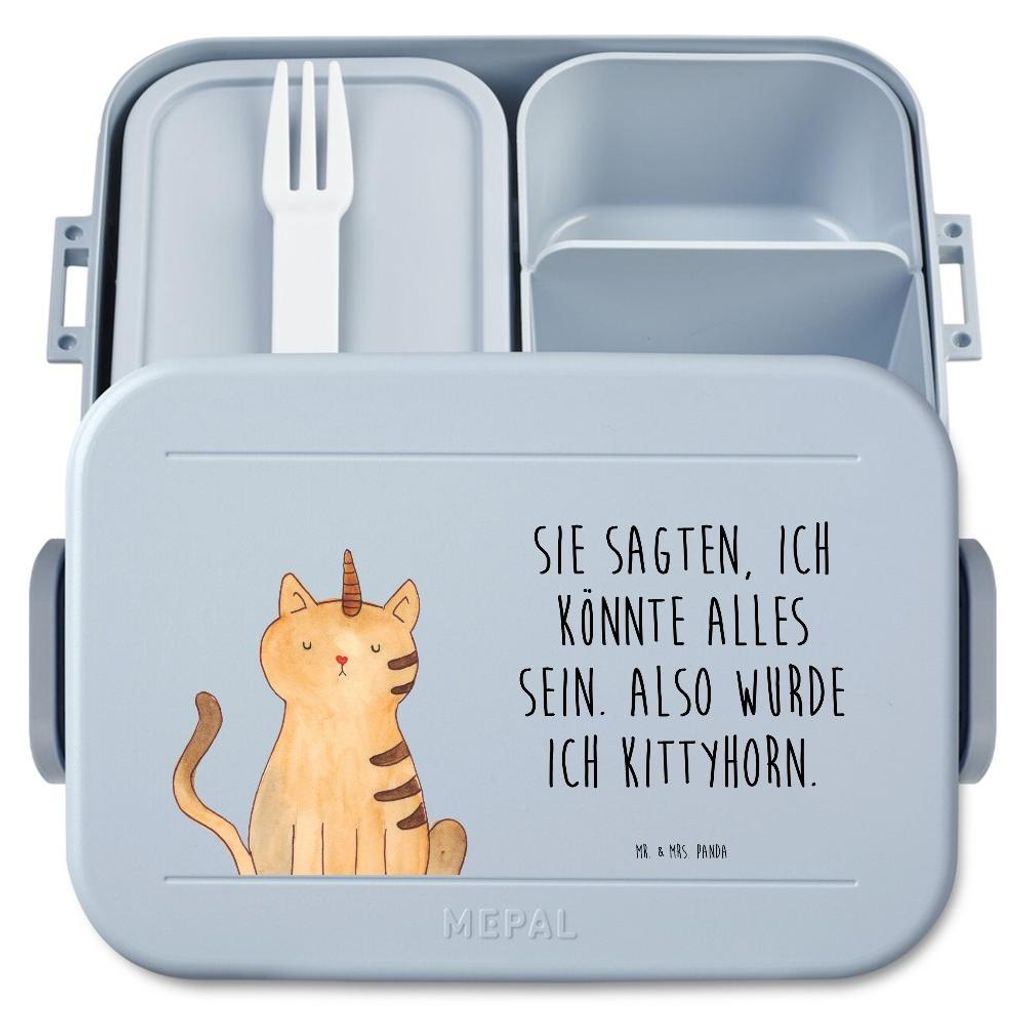 Mr. & Mrs. Panda Bentobox Einhorn Katze Motiv - Blau Pastell - Geschenk, Lunchbox, Glitzer, Frischhaltedose, Regenbogen, Snackbox, Mieze, Unicorn, ...