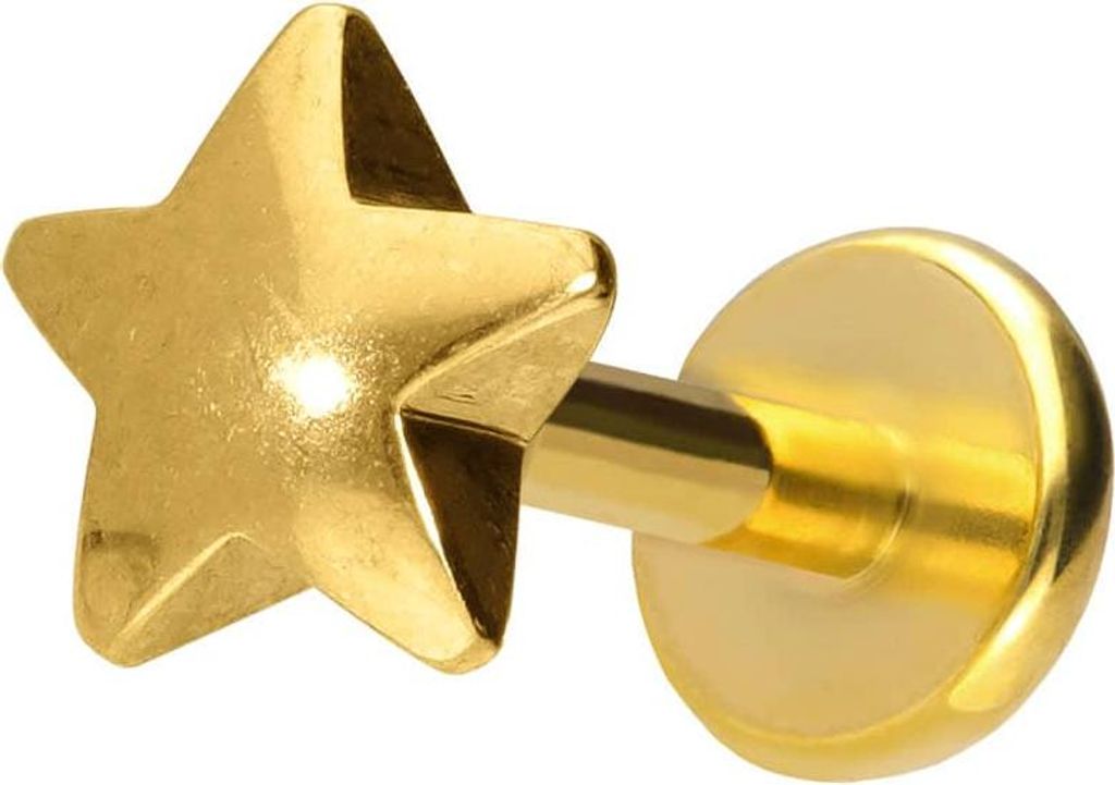 Ohrpiercing, Nasenpiercing Titan Labret mit Push Fit STERN Gold Stablänge: 6mm | Stabstärke: 1mm