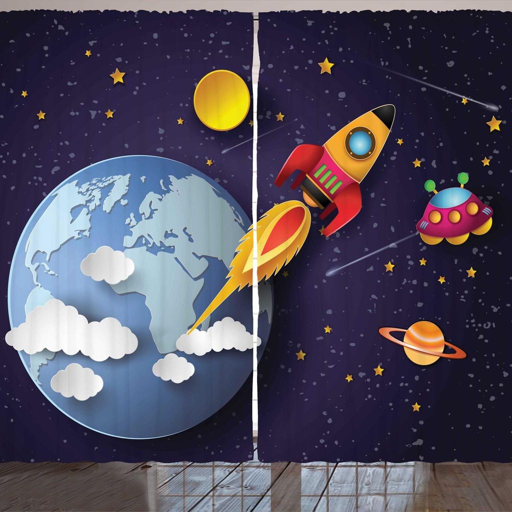 ARANDE Weltraum Gardine, Kinder Weltraumschiff Erde Rakete im Weltall Aliens Planeten Sterne Druck, 280 x 175 cm, Mehrfarbig