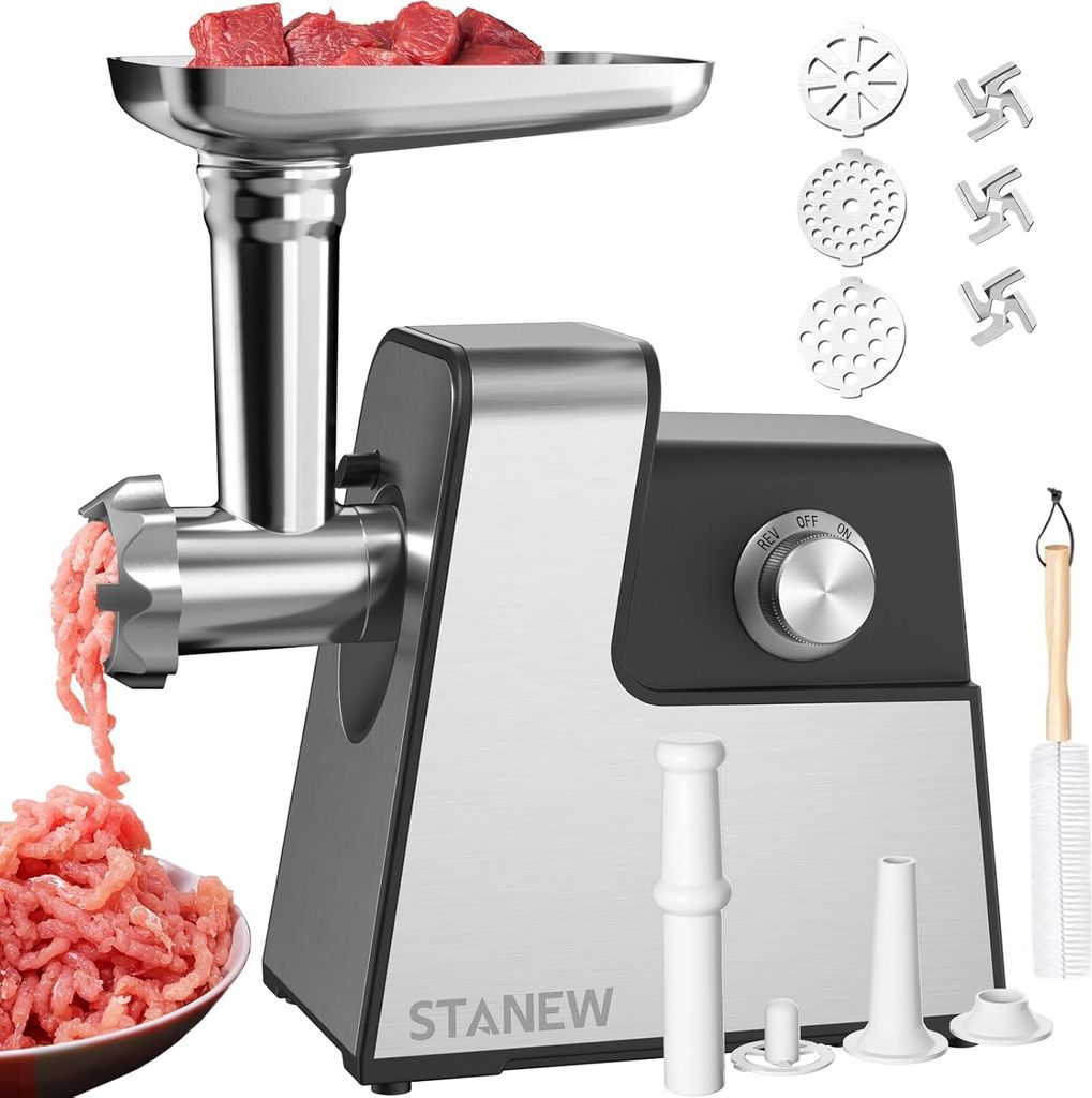 A meat grinder with various accessories and ground meat.