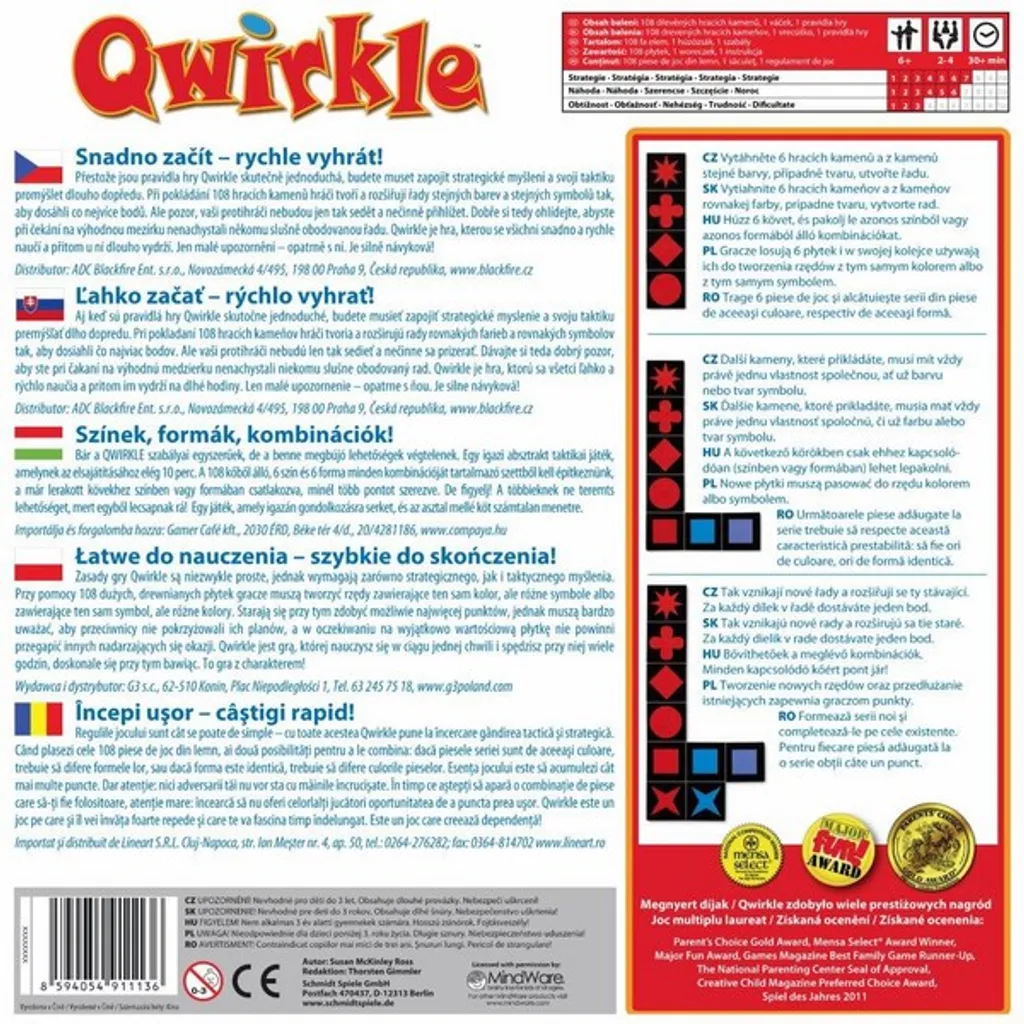 Jeu de Stratégie Famille Qwirkle RO Idéal pour Soirées Entre Amis