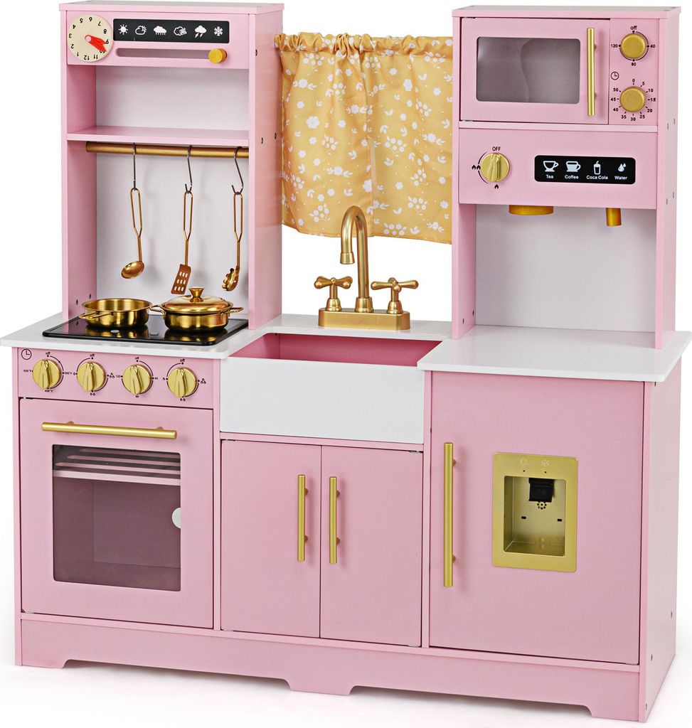 COSTWAY Houten kinderkooktoestel, speelkeuken met licht, Productafbeelding 