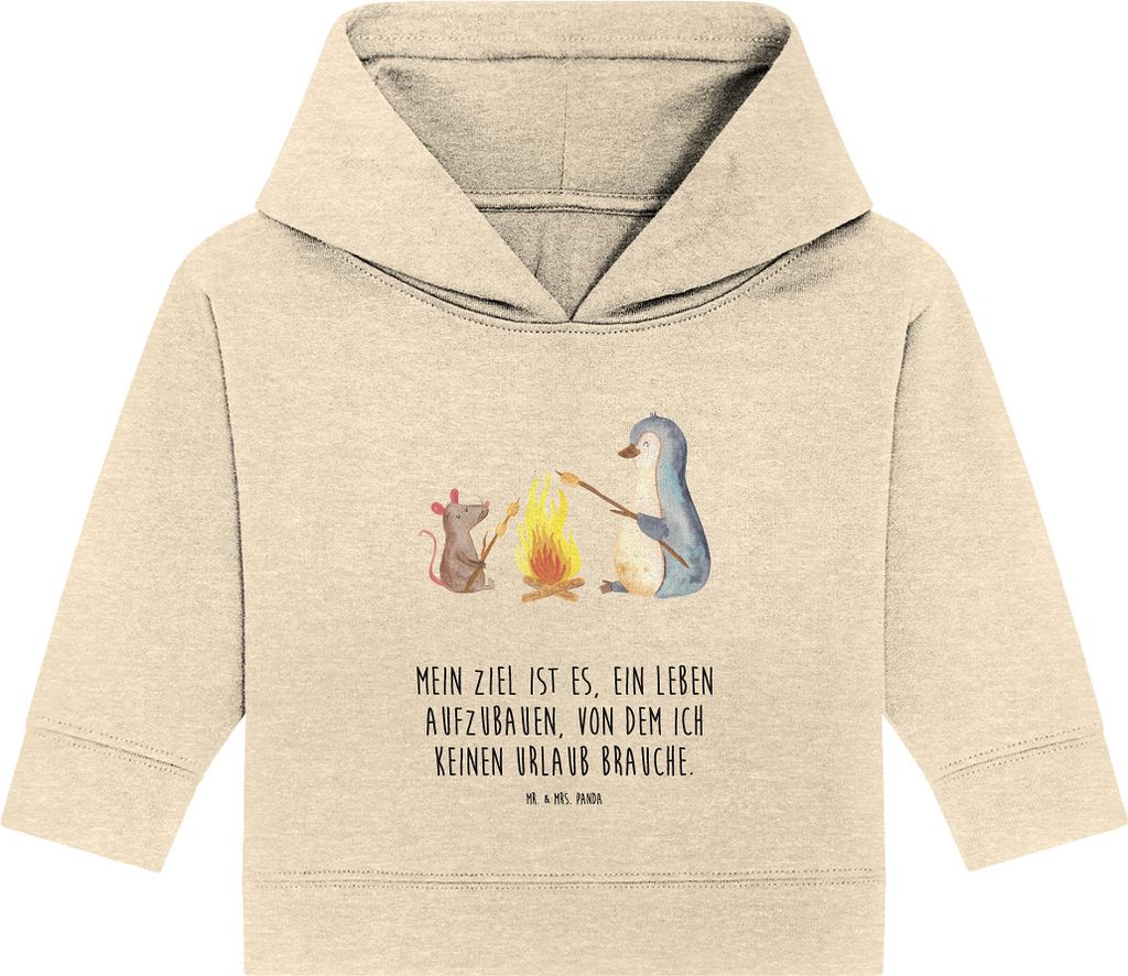 Mr. & Mrs. Panda Organic Baby Hoodie Pinguin Lagerfeuer 12. - 18. Monat - Natural Raw - Geschenk, Maus, Pinguine, Kapuzenshirt, Feuer, Marshmallows...