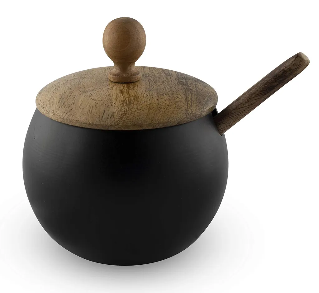 Sucrier cylindrique noir mat avec couvercle en bois et sa cuillère