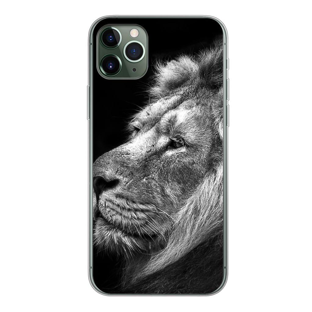MuchoWow Handyhülle Schutzhülle Hülle für iPhone 11 Pro Max Löwe vor schwarzem Hintergrund in schwarz und weiß Silikon Softcase Handy Hüll...