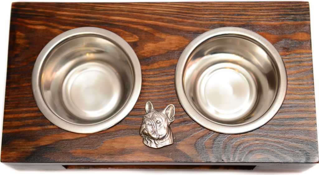 Französische Bulldogge II - Holzständer mit Näpfen für Hunde, Edelstahlnäpfe, Geschenk zur Adoption eines Hundes von der Marke Art-Dog