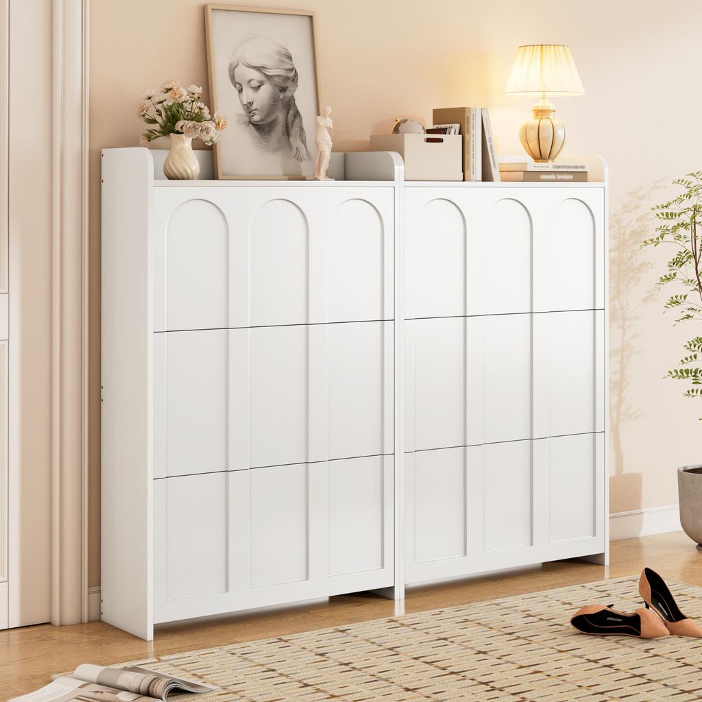 MODFU Schuhschrank Schuhfächer Mit Klapptüren Mehrstufiger Stauraum Mit Schublade Für Flur Und Eingangsbereich MDF,Weiß