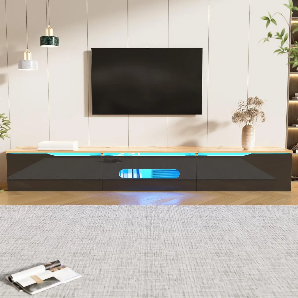Porta TV basso, larghezza 180 cm - può essere installato o fissato alla parete, frontale in nero grafite, illuminazione LED, nero e legno