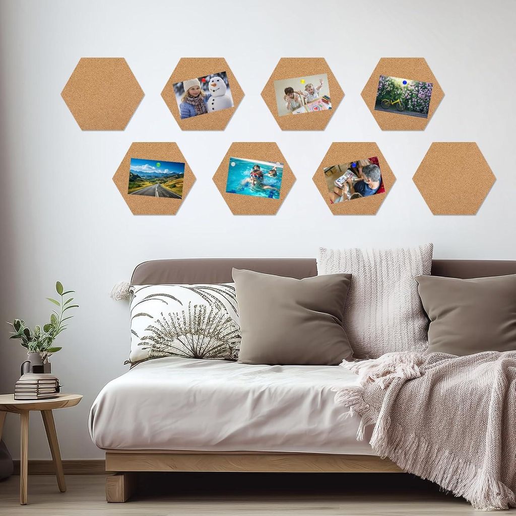 Sechseckige Pinnwand mit selbstklebenden Korkplatten - 8 Stück - ideal für Fotos und Notizen