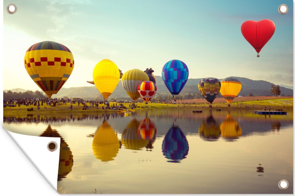 MuchoWow 60x40 cm Outdoor-Poster Gartendeko Sichtschutz Garten Poster für den Garten Heißluftballon - Farben - Wasser - Reflexion
