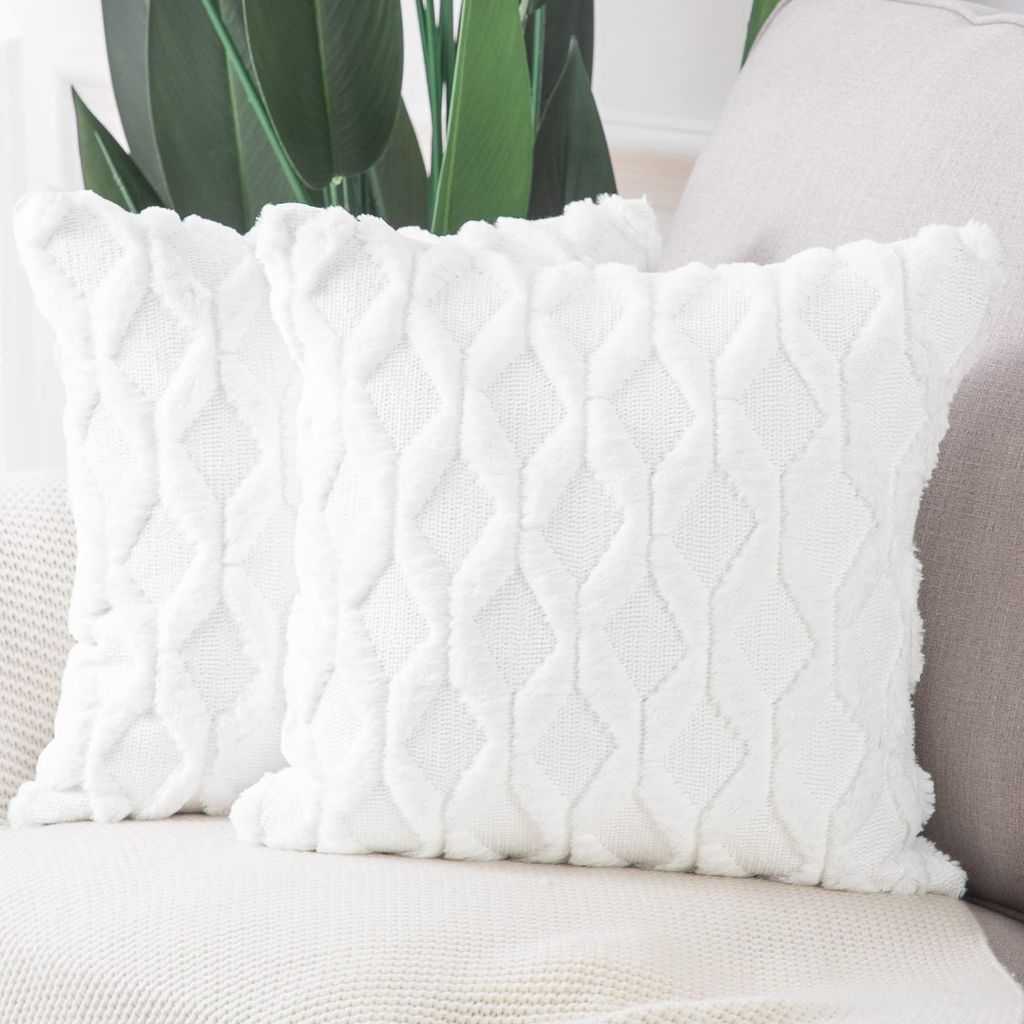 Set aus 2 weichen, flauschigen Dekokissenbezügen aus kurzem Wollsamt im n Stil für Sofa und Schlafzimmer, weiß, 60 x 60 cm (quadratisch)