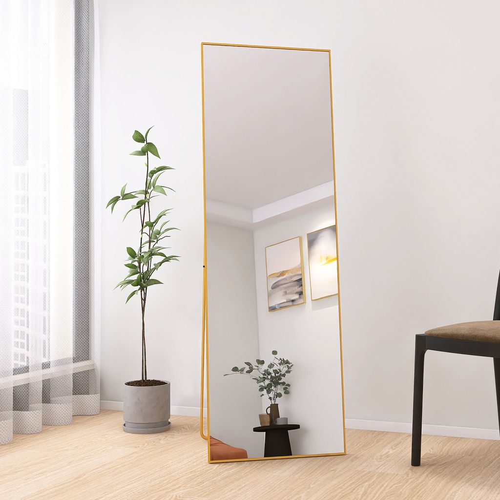 CDGlobal Ganzkörperspiegel mit Golden Metallrahmen 162x53cm, HD Groß Wandspiegel mit Haken für Wohnzimmer oder Ankleidezimmer,Golden
