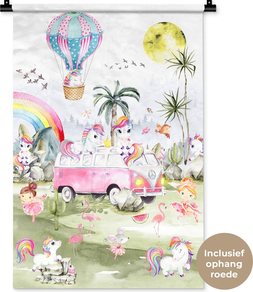 MuchoWow Wandteppich Wandbehang Einhorn - Regenbogen - Kinder - Mädchen - Auto 60x90 cm Tapisserie Dekoration Wandtuch - Foto-Teppich - Abwaschbar