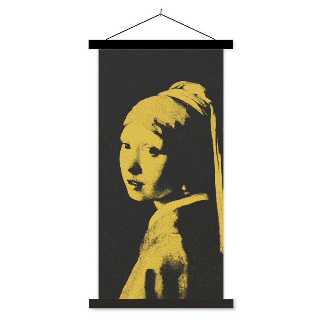MuchoWow Textilposter Mädchen mit Perlenohrring - Vermeer - Schwarz - Gelb 60x120 cm mit schwarzem Rahmen - Magnete