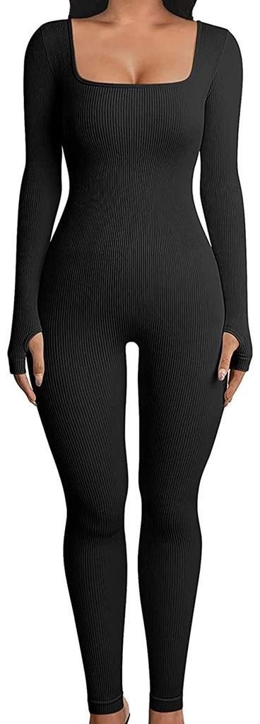 Damen Sport-Jumpsuit, lang, eng anliegend, leicht, Yoga-Body, sexy Bodycon, Schwarz, Größe M