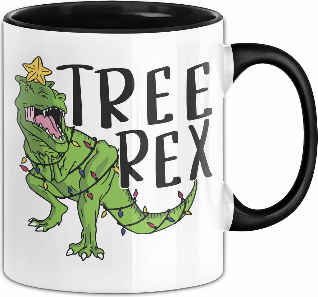Tree Rex Tasse Geschenk T-Rex Geschenkidee Jungs Weihnachten Dinosaurier Xmas (Schwarz)