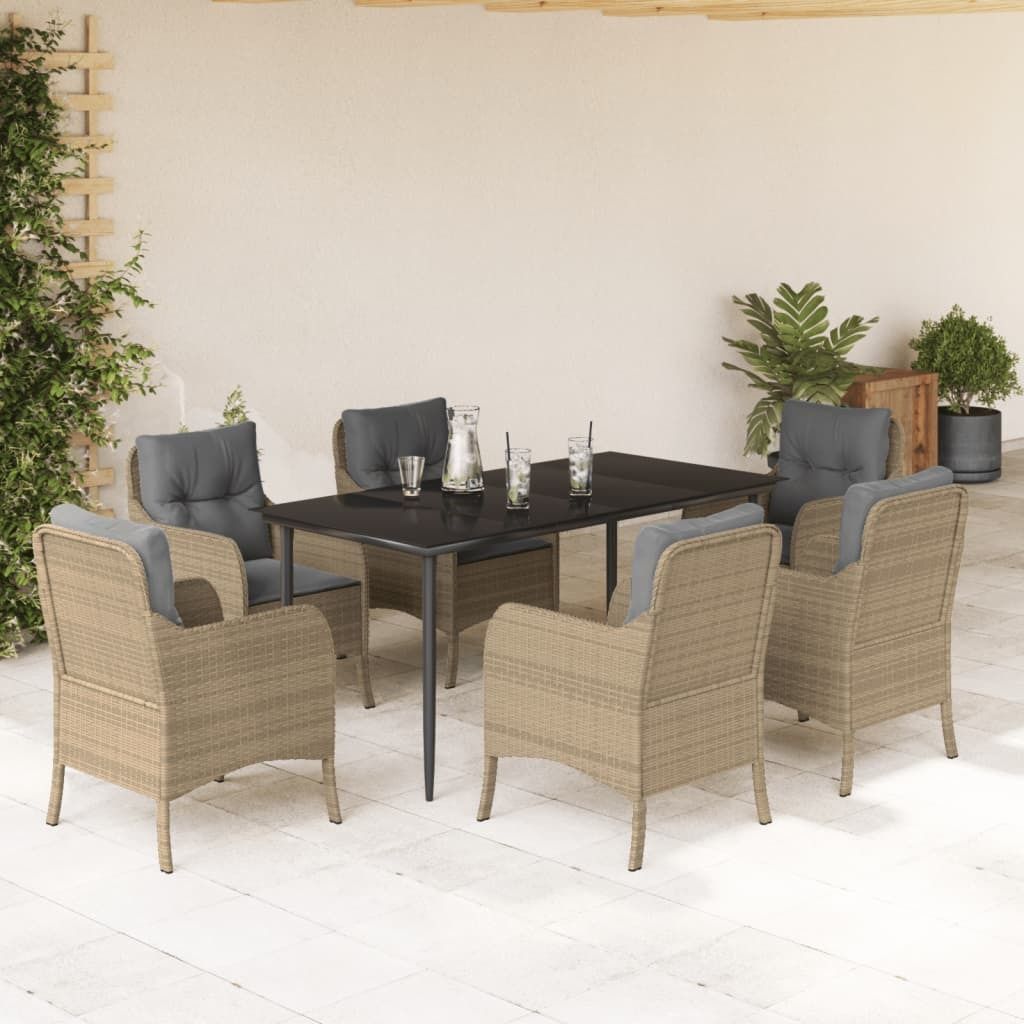 Maison Exclusive - 7-tlg. Garten-Essgruppe mit Kissen Beige Poly Rattan