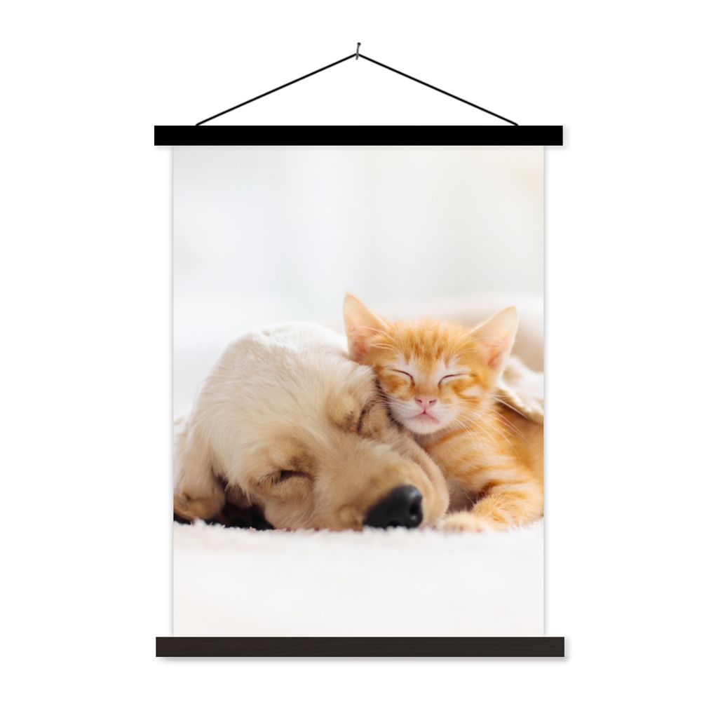 MuchoWow Textilposter Tiere - Hund - Kätzchen - Rot 90x120 cm mit schwarzem Rahmen - Dekoration