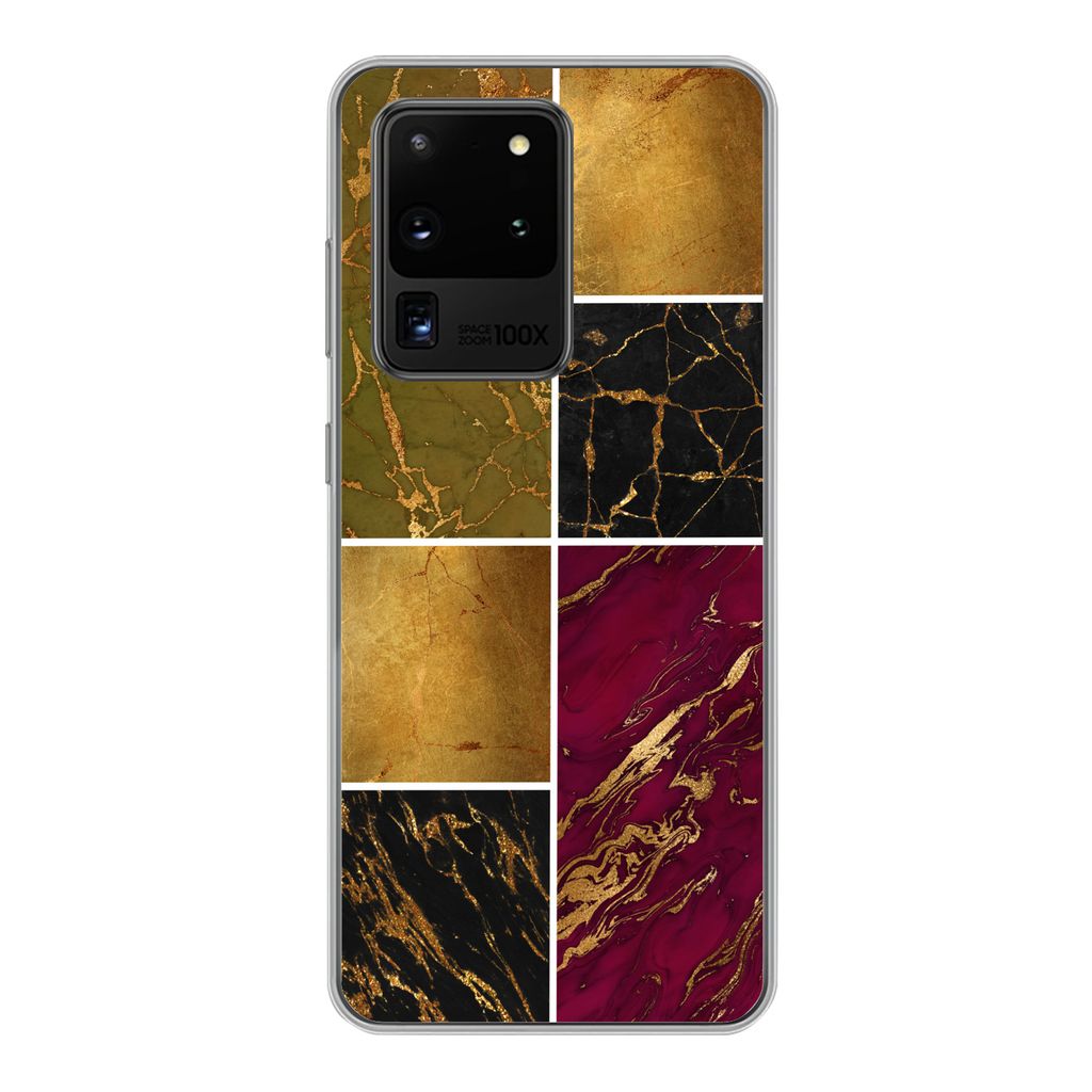 MuchoWow Handyhülle Schutzhülle Hülle für Samsung Galaxy S20 Ultra Marmor - Gold - Schwarz - Rosa Silikon Softcase Handy Hülle - Karteninhaber
