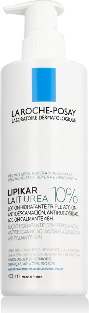 A white bottle of La Roche-Posay Lipikar Lait Urea 10% body lotion with a pump dispenser.