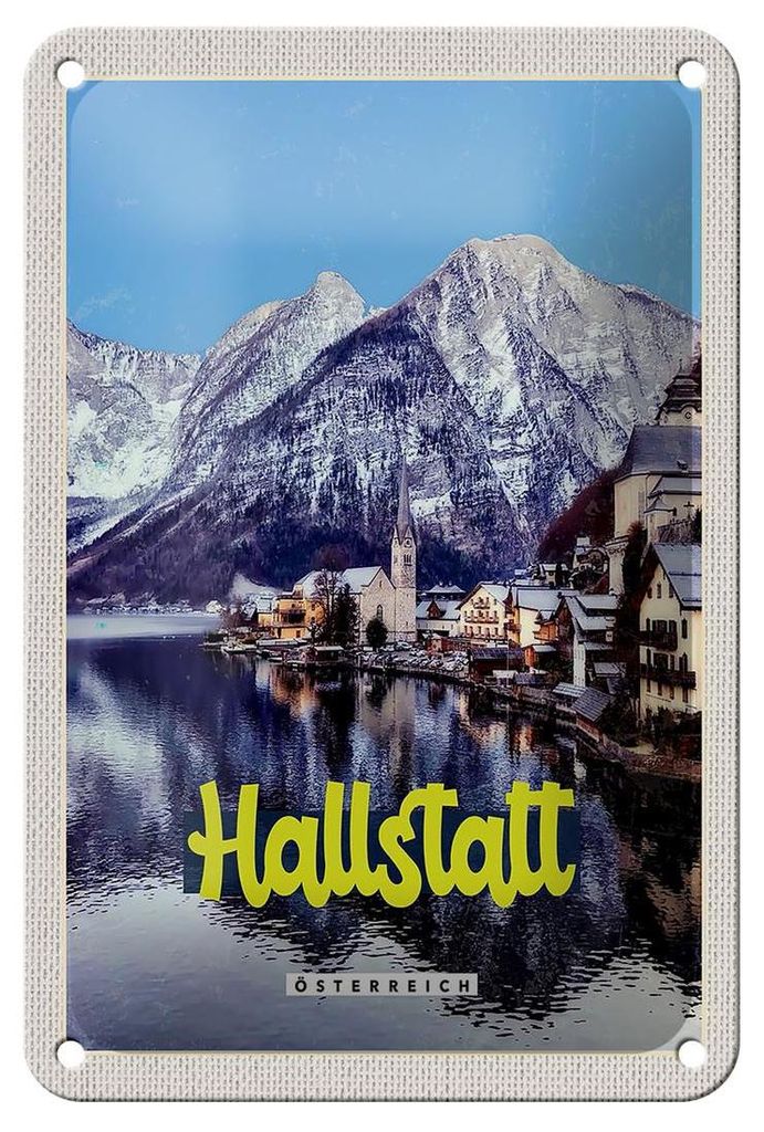 Blechschild Reise 12x18cm Hallstatt Österreich Berge Winterzeit Schild