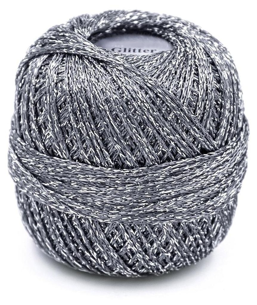 A ball of grey yarn with silver glitter threads.
