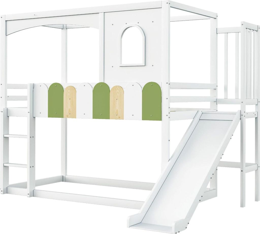 Etagenbett für Kinder - Hausbett 90 x 200 cm - Hausförmiger Rahmen mit Fenstern - Rutsche - Sicherheitsleiter - Holz - Weiß