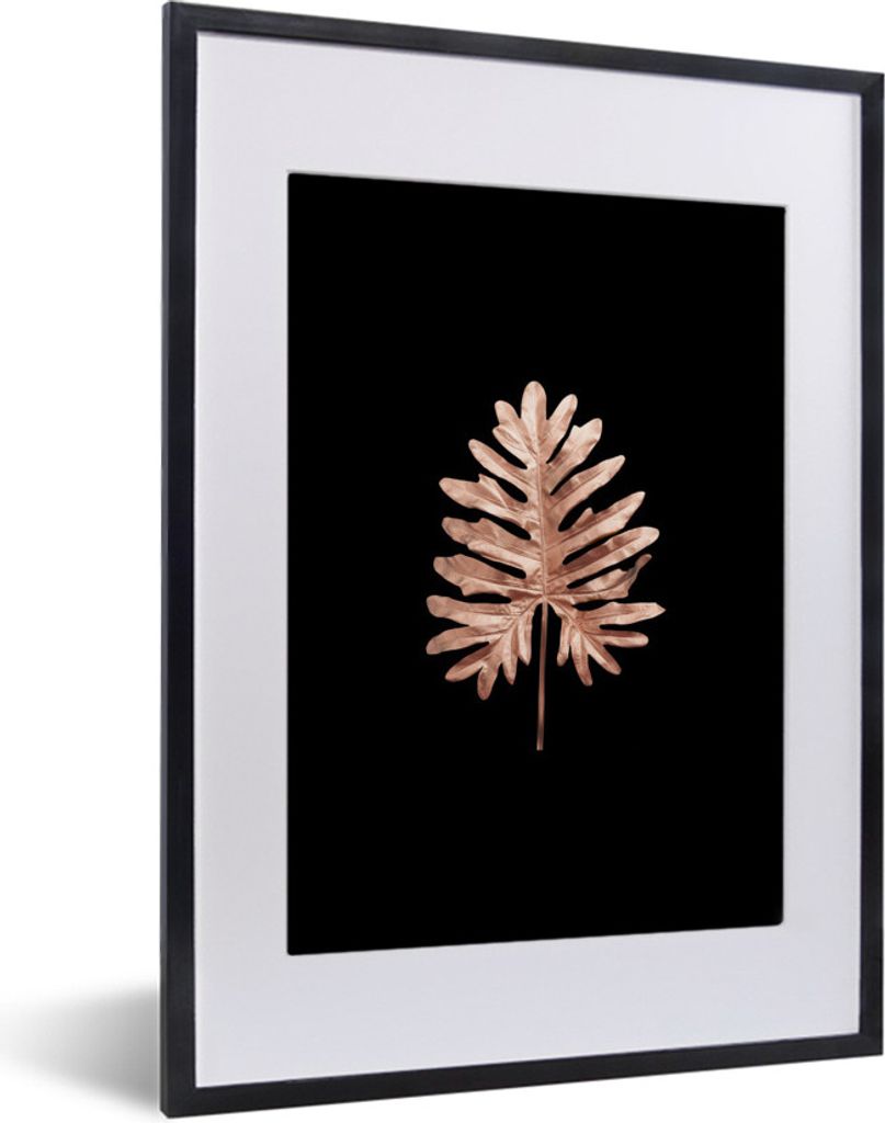 MuchoWow MuchoWow Gerahmtes Poster Roségold - Blatt - Schwarz 30x40 cm - Poster mit zchwarzem Bilderrahmen - Wandposter Schlafzimmer