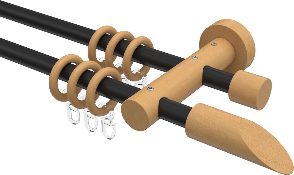 Interdeco Gardinenstange / Vorhangstange Schwarz / Buche lackiert, Typ Adrian Franca (Schräge), 16 mm Ø 2-läufig, 280 cm