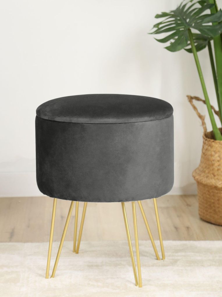 Sitzhocker – Polsterhocker – Pouf – Ottomane – LILI – 35 cm – Grau – Elegante Samtpouf mit Stauraum und Deckel