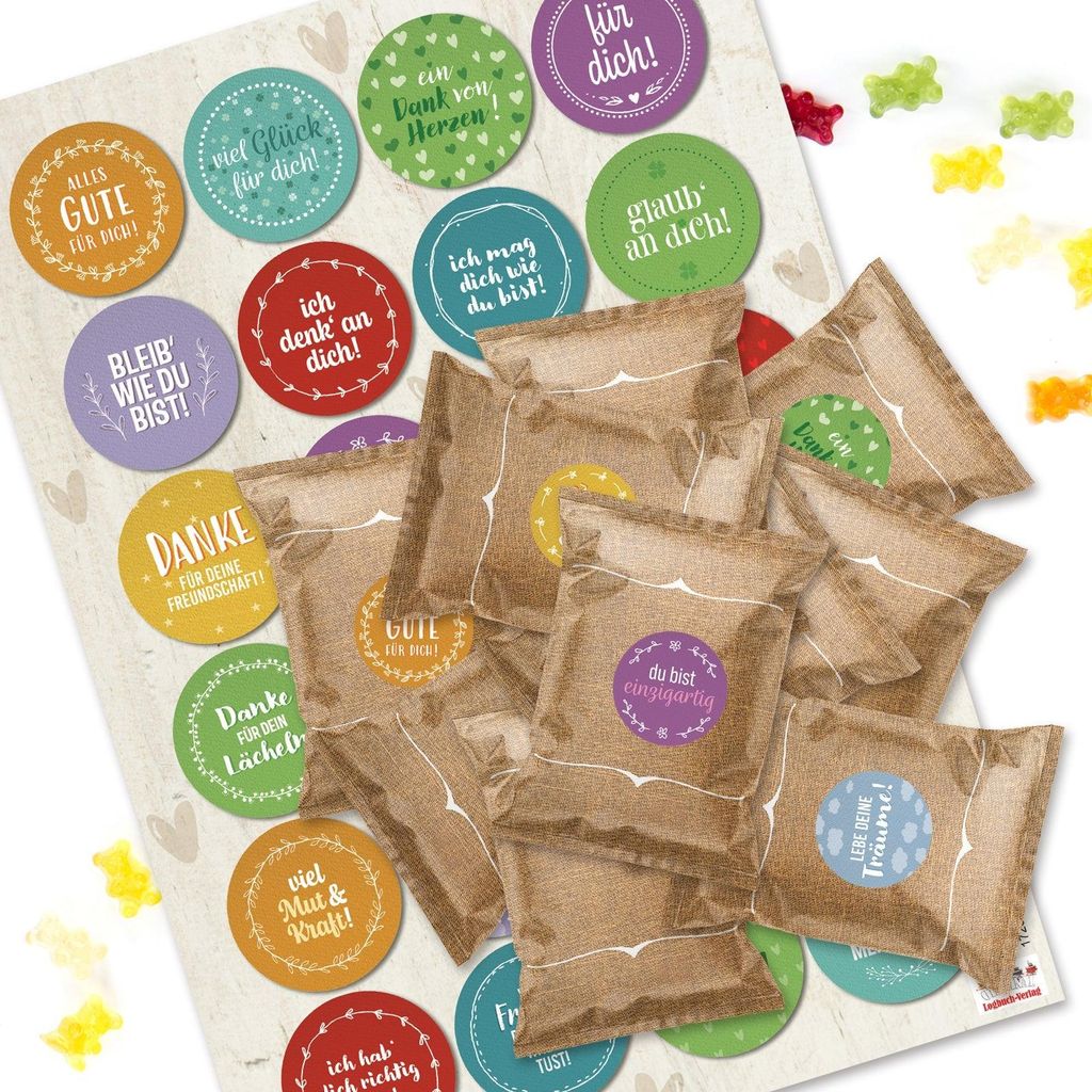 24 kleine Gummibärchen Tüten mit bunten Aufklebern mit Sprüchen - Give-Away