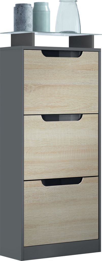 Vladon Schuhschrank Space V2, Schuhkipper für 12 Paar Schuhe mit 3 Klappen und Glasablage, Anthrazit matt/Eiche sägerau (46 x 128 x 23 cm)