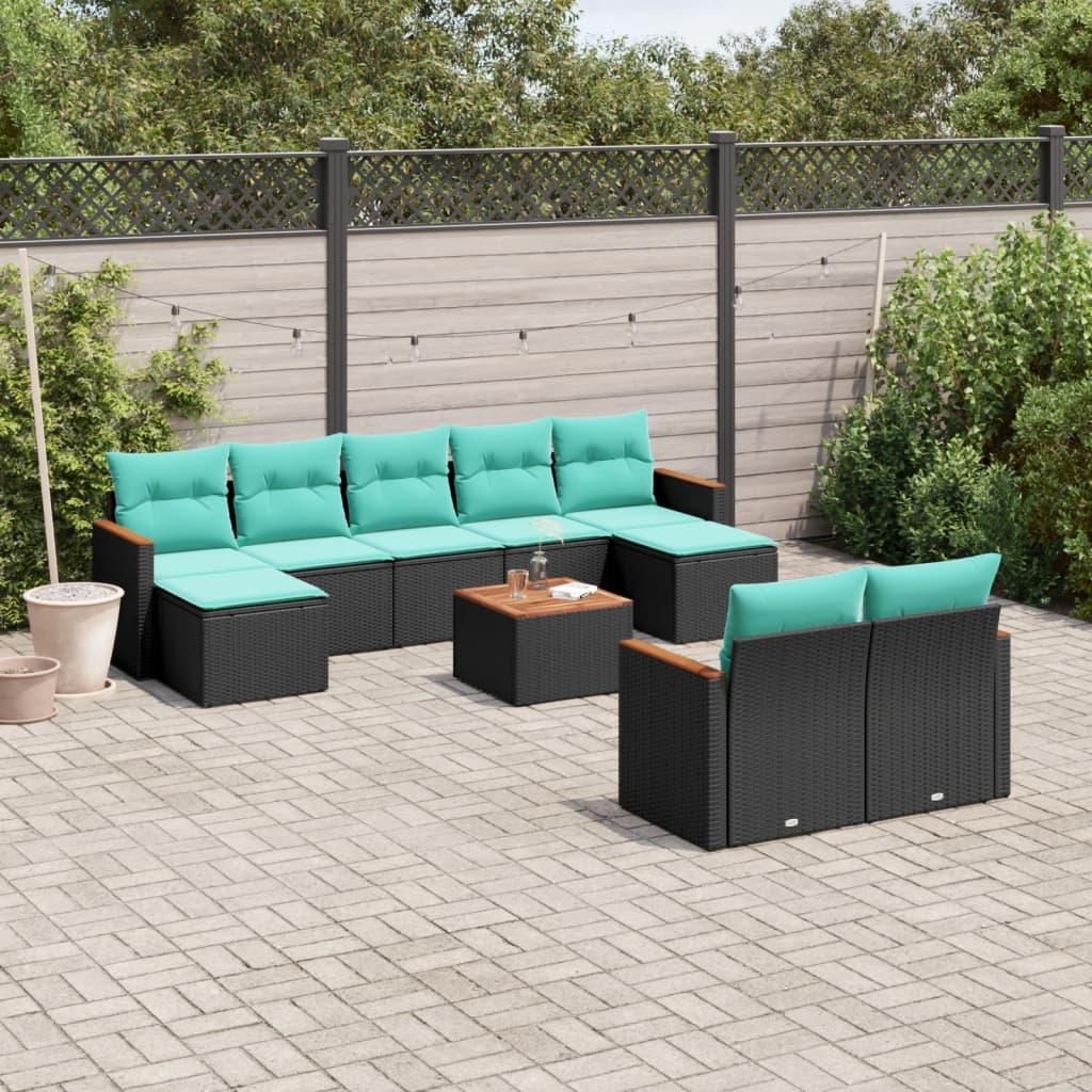 Maison Exclusive - 10-teiliges Gartensofa-Set mit Kissen, schwarzes Polyrattan