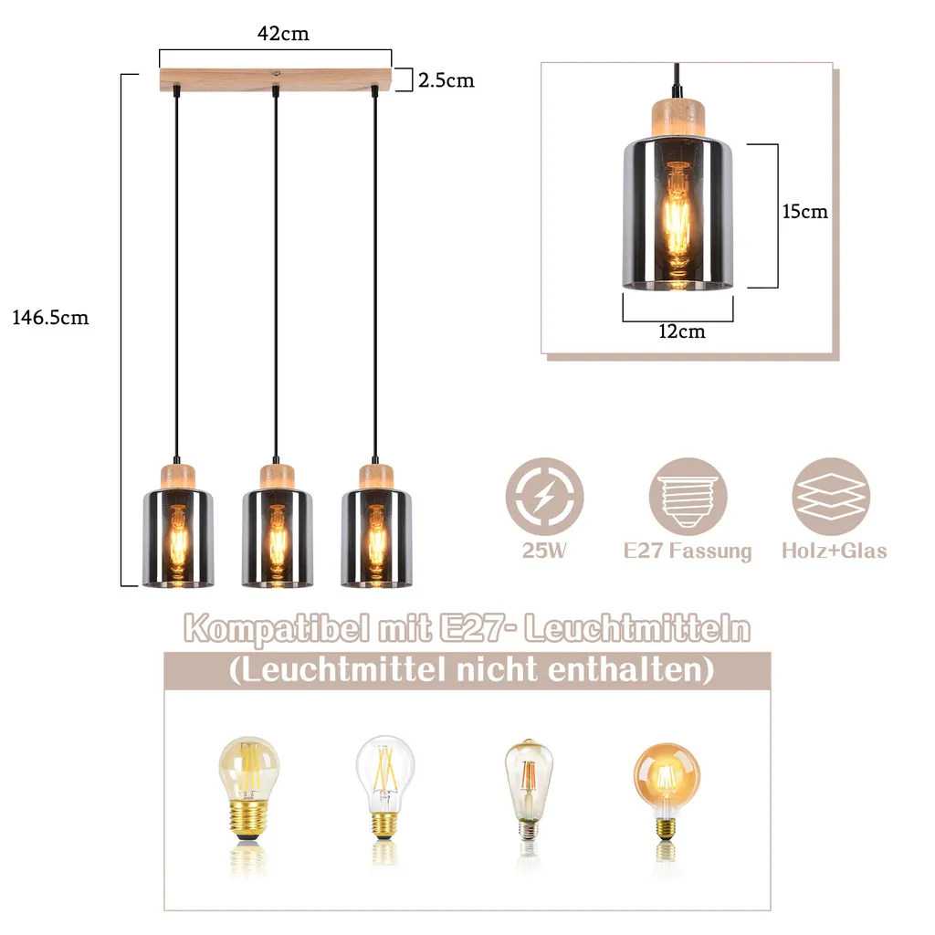 Suspension Bois Réglable pour Table à Manger : Éclairage Rétro 3 E27 - 2