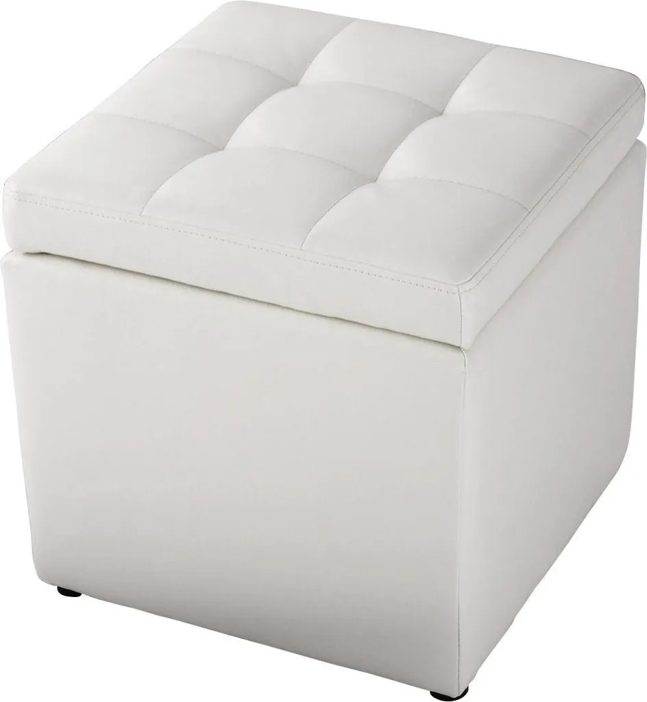 Tabouret Gain de Place et Rangement Discret - Blanc Cuir Charge 300kg