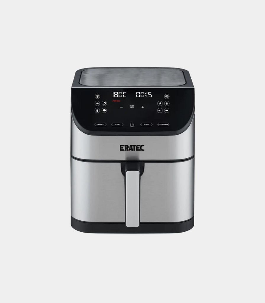A silver and black air fryer is shown against a light gray background.