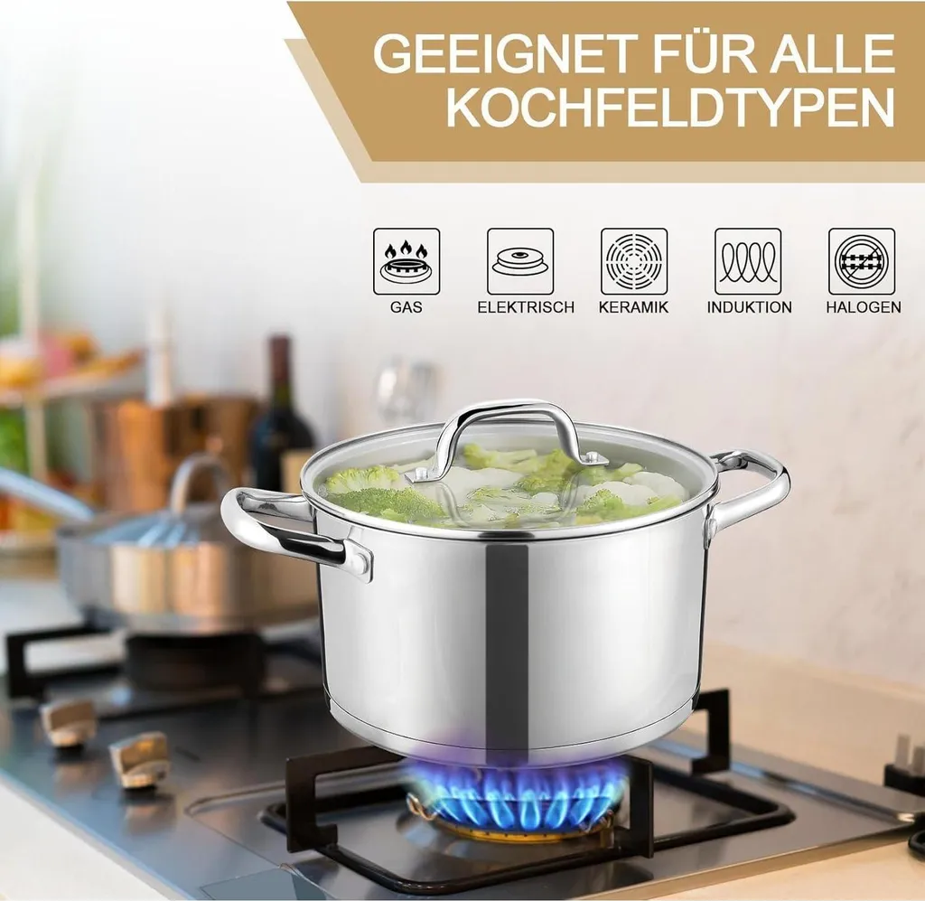 Pentola 20cm in acciaio inox a 3 strati con coperchio in vetro 3,7L per tutti i tipi di piano cottura - 6
