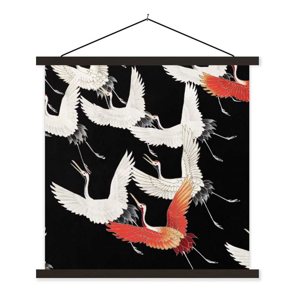 MuchoWow Textilposter Kranich - Japanisch - Rot - Weiß 90x90 cm mit schwarzem Rahmen - Magnetisches