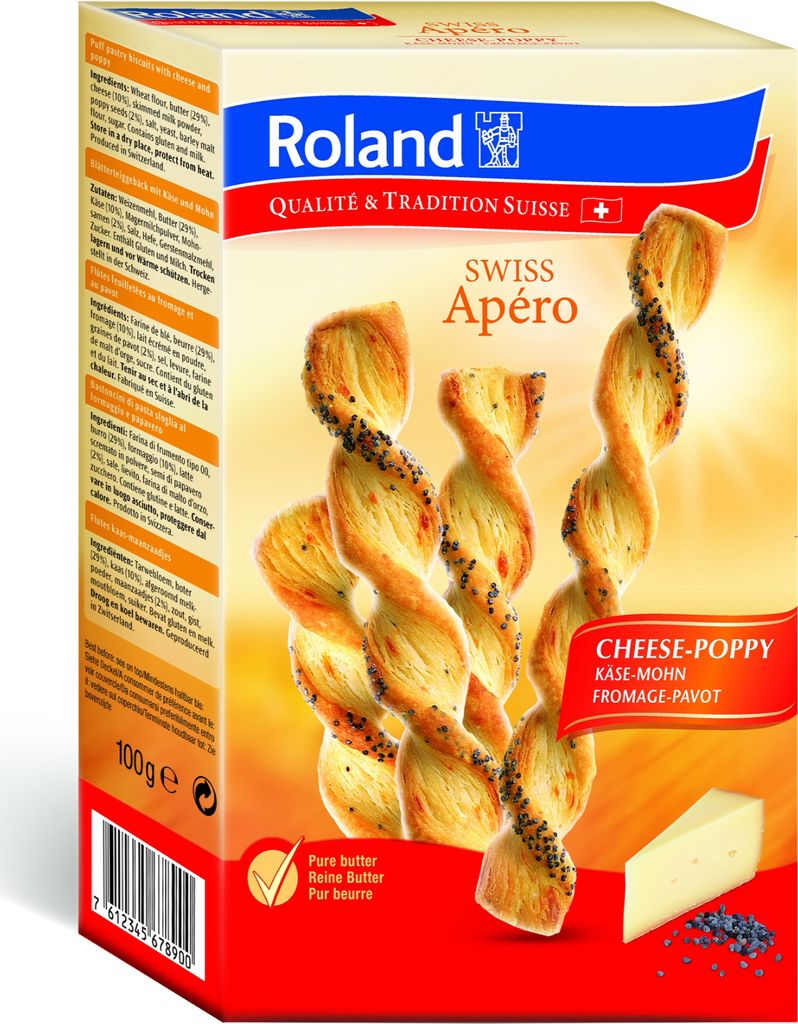 Roland Swiss Apéro Käse-Mohn 100 g / Gebäckstangen Produktbild 